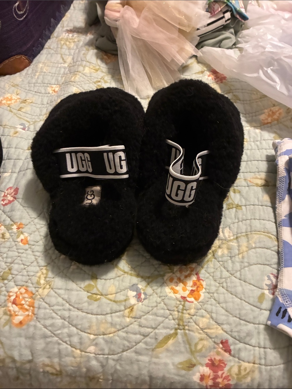UGG Black Fluff Yeah Slide Slippers with Logo Heel Strap - Picture 3 of 6